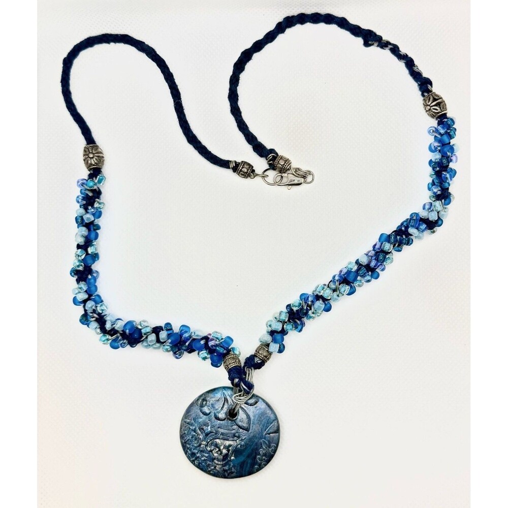 Boho Artisan Blue Seed Bead and Polymer Clay Pendant Necklace